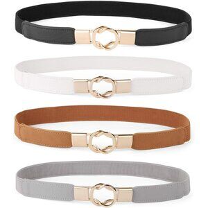 Women Skinny Stretch Waist Belt Set of 4 with Gold Buckle for Dresses Casual